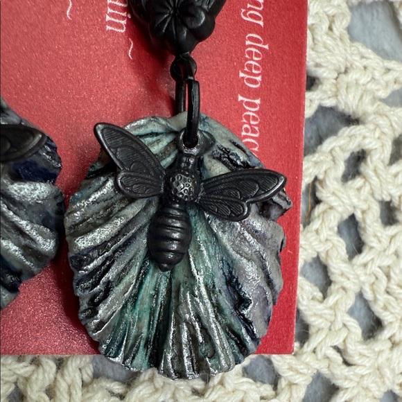 vintage style Black bee and Silver green ceramic artisan leaf Earrings